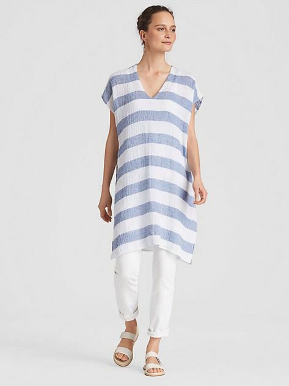 Eileen Fisher Organic Linen Striped Tunic Top Poncho Coverup Dress